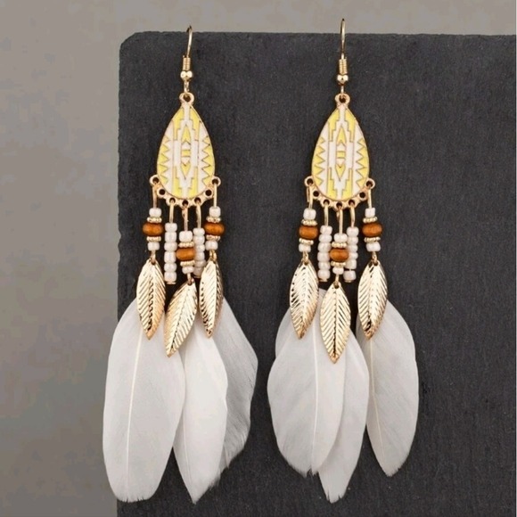 Gold & white Boho feather earrings beaded tassel long drop festival 💖2/$30 - Picture 6 of 11